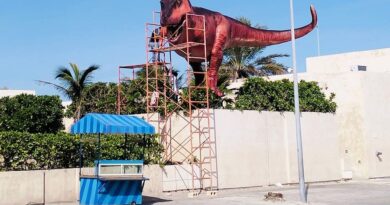 Pintan de guinda el dinosaurio Rex del Museo del Meteorito en Progreso; está feíto, dicen